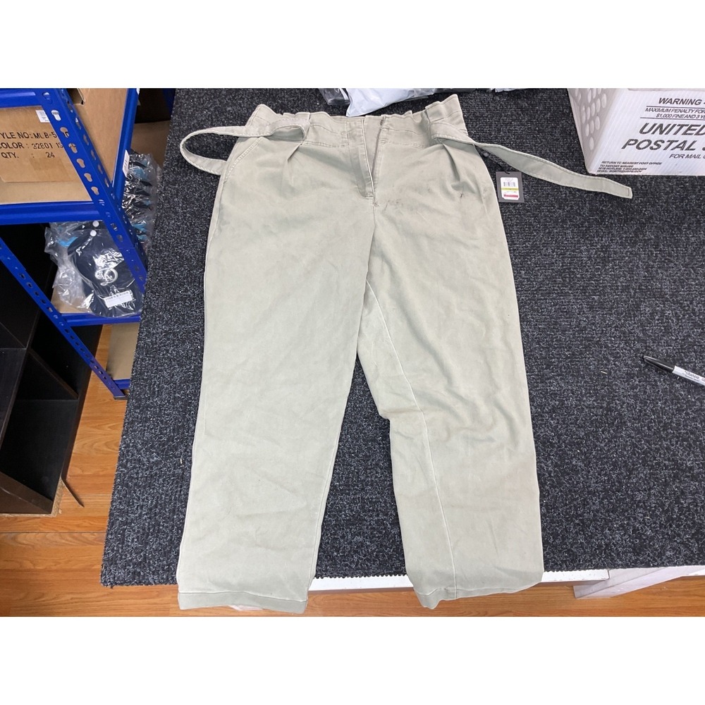 DKNY Women's Paperbag Waist Pants Size 14‎ Khaki Green Tie Belt NWT